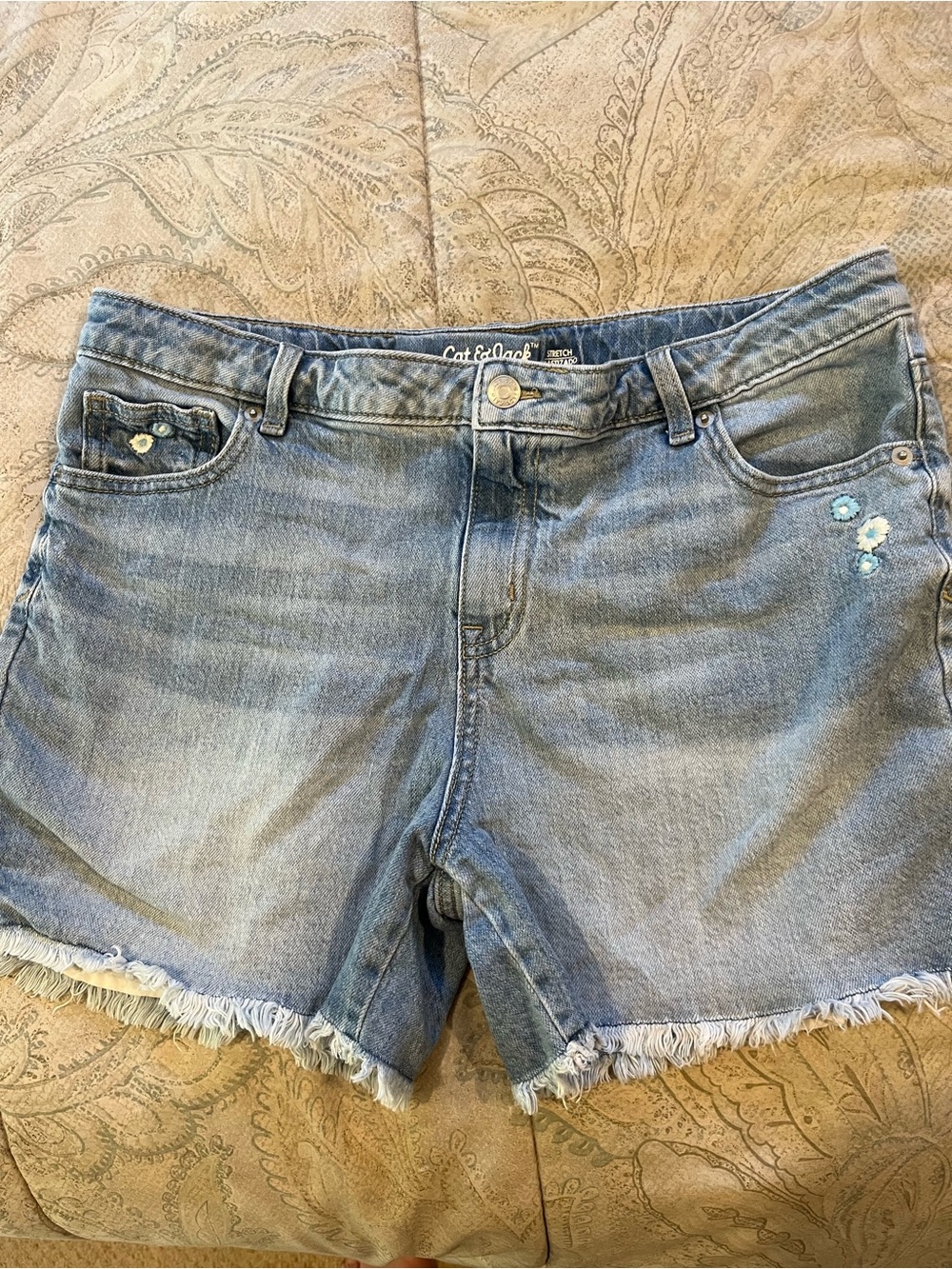 Cat & Jack Light Blue Denim Jean Shorts with Frayed Hem and Flower Embroidery